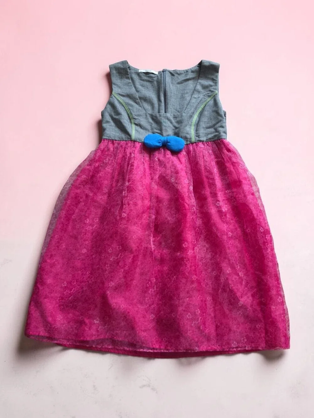 Marius Musat Designer Girls' Pink Tulle Dress with Grey Bodice & Blue Bow‎ 14/16